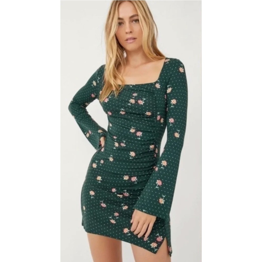 Free People Cecilia Mini Dress Womens M Green Excellent Floral Ruched Slit